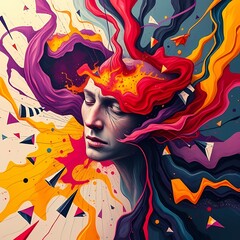 Naklejka premium Abstract surreal art with swirling, twisting shapes and fragmented lines in bold purples, fiery reds, and yellows. Symbolizing confusion, intensity, and inner turmoil, a mind in distress is depicted.