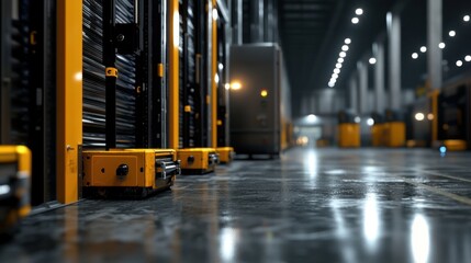 Automated pallet jacks navigate the polished concrete floor of a spacious industrial warehouse. Bright overhead lights illuminate the rows of storage racks, creating a buzzing work environment