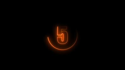 five seconds countdown neon glowing orange color 4k illustration on black background. loading orange color 4k illustration.