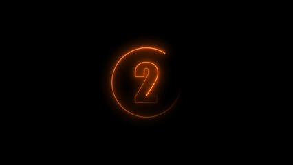two seconds countdown neon glowing orange color 4k illustration on black background. loading orange color 4k illustration.