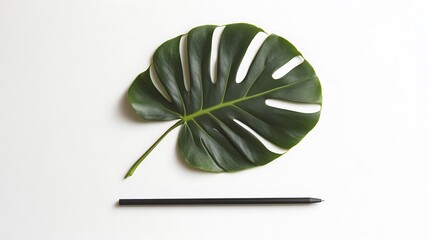 A single monstera leaf and black pen on white