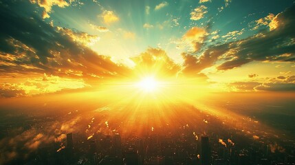 Obraz premium Vibrant sunset over cityscape, sun rays bursting through clouds.