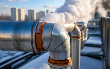 A close-up of metallic pipes releasing steam against a backdrop of buildings, highlighting industrial infrastructure in a snowy environment.