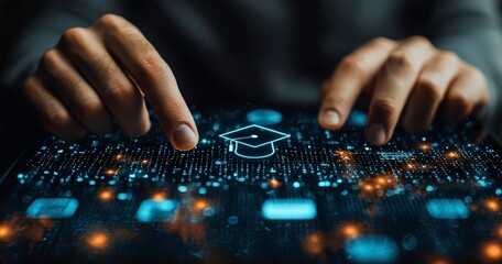 A man stands against a blurred city background to illustrate the concept of e-learning.