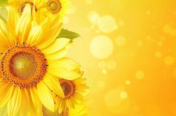 Obraz premium Sunflower on a yellow background, close-up, with copy space. Sunflowers in bloom, with sunshine, in a summer nature landscape. Warm, bright, sunny wallpaper or banner template