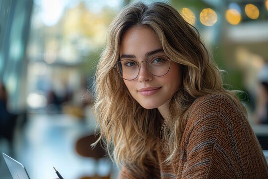 At the office, a blonde-haired businesswoman uses her laptop for work.