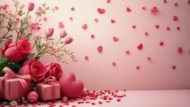 A pink background with a bunch of roses and hearts. The roses are in a vase and the hearts are scattered around the background. There are two pink boxes on the right side of the image