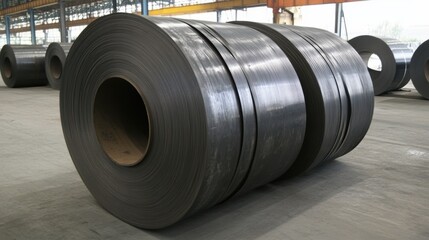 Steel coils stacked in an industrial workshop during daylight