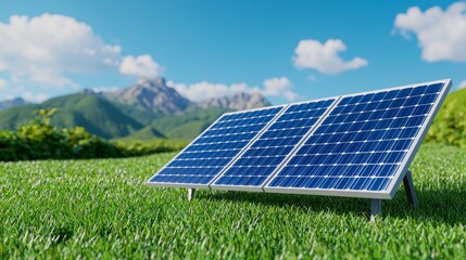 Surrounded by lush green grass, a solar panel glistens in the sunlight, demonstrating the potential of renewable energy in a peaceful setting.