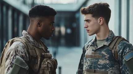Fototapeta premium Two soldiers in conversation outside military building