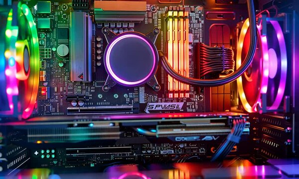 Vibrant RGB-lit computer interior showcasing motherboard, CPU cooler, RAM, and graphics card.