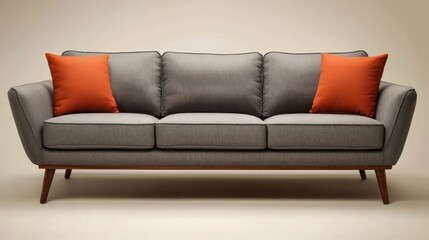 Obraz premium Gray fabric sofa with orange pillows on beige background.