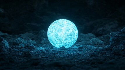 Fototapeta premium Fantasy concept. Glowing blue sphere illuminating a dark, textured surface.