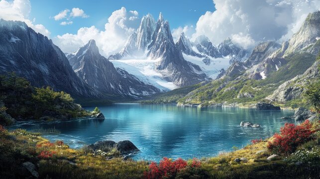 Serene mountain lake reflecting snow-capped peaks under a vibrant sky.