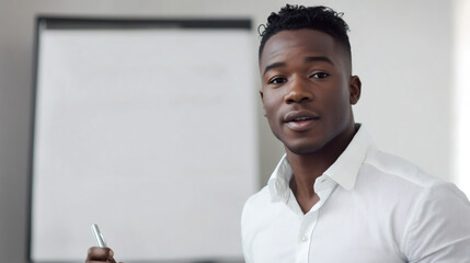 Young businessman presenting with a pen in a meeting room, in front of a whiteboard