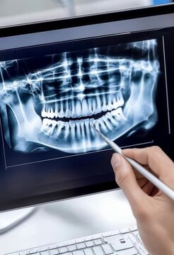 vertical video of a dental professional hand with tool pointing at a cavity on a digital X-ray image