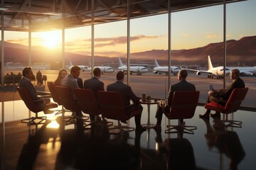 Fototapeta premium Inviting airport waiting room bathed in sunset glow, filled with travelers and tropical vibes