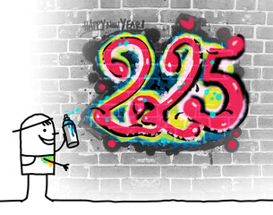 Cartoon Painter Boy and Fresh 2025 Graffiti on a Wall