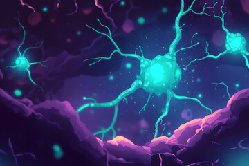 A vibrant depiction of neurons in a digital environment, illustrating neural connections.