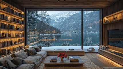 A digital interior of a home library study, showcasing a Christmas bookshelf with a snowy mountain and hill landscape in the background. This festive scene, adorned with holiday poinsettias, is