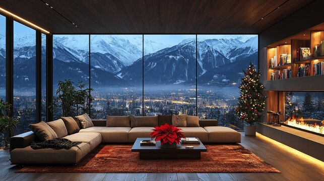 An online webinar or Teams meeting backdrop, depicting a Christmas-themed bookshelf in a home library study, with a window view of snowy mountains and hills, adorned with poinsettia holiday flowers,