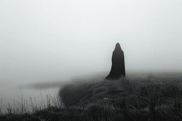Dark silhouette of a mysterious figure standing by a foggy lakeside during early morning hours in a tranquil landscape