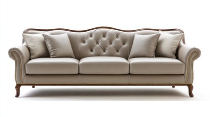 Fototapeta premium Beige leather Chesterfield sofa with wooden frame and pillows, isolated on white background.