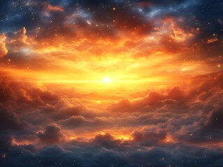 Naklejka premium Celestial Sunset Above Fiery Clouds And Distant Stars