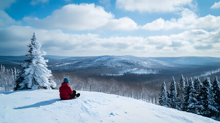 A scenic moment of a sledder pausing at the top of a snowy hill admiring the view.