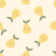 Seamless pattern with cute pear fruits on a colored background. Vector illustration for printing. Cute children's background. Food and drinks
