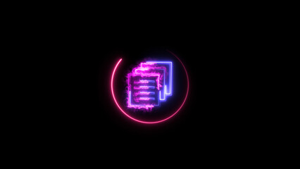 File documents uploading icon neon glowing magenta color 4k illustration. Black background glowing document sign 4k illustration red circle.