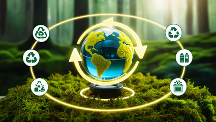 An eco-themed image showcasing a crystal-clear glass globe with white glowing icons representing eco-friendly concepts,