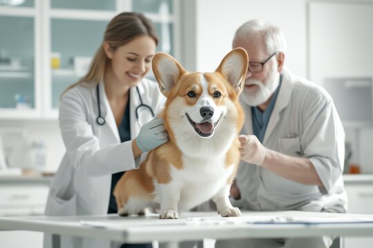A veterinarian examines a joyful corgi dog in a modern clinic, showcasing the bond between pets and their caregivers, emphasizing animal care and well-being.