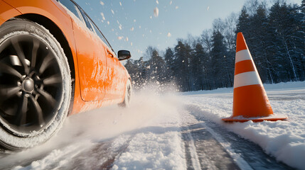 A sedan with smooth summer tires sliding sideways into a traffic cone on a snow-covered road.