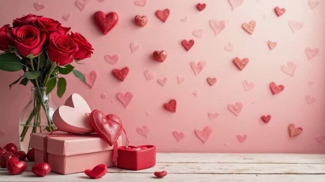 A vase of red roses sits on a table next to a pink box with a heart on it. The roses and box are surrounded by other red objects, creating a romantic and festive atmosphere