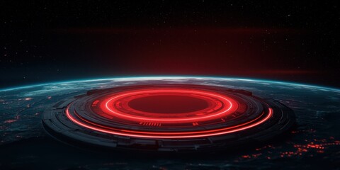Obraz premium Futuristic red glowing ring above a planet, set against a starry background.