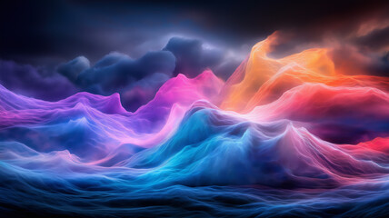 Vibrant abstract waves in colorful hues and dramatic clouds