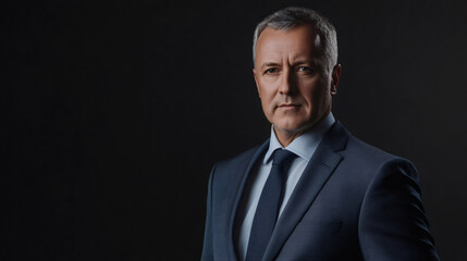 Professional businessman exudes confidence and leadership in tailored suit and tie against dark background