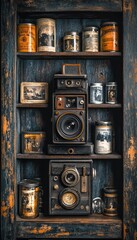 A vintage display featuring old cameras and photographs on wooden shelves.