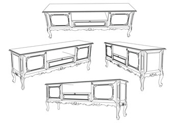 Elegant antique armchair furniture and home interior decorations in trendy vintage retro style. Modern hand drawn black sketch vector illustrations isolated on white background