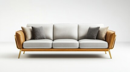 Modern three-seater sofa with beige fabric upholstery, wooden legs, and decorative pillows.
