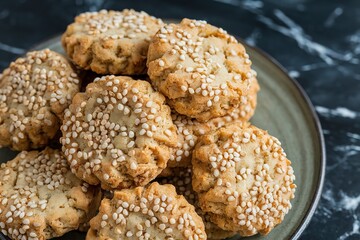 A photo of a pile of round, golden-brown cookies sprinkled with white sesame seeds