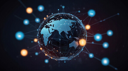 Abstract digital globe with global network connections and images of media content floating around it
