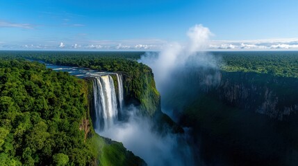 Fototapeta premium A waterfall is seen in the distance with a blue sky in the background