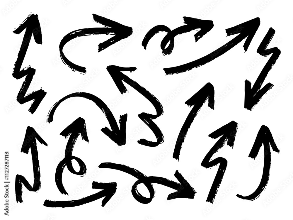 Poster Hand drawn arrows collection Set simple flat arrows isolated on white background. Arrow mark icons and arrow paint. Stock vector. EPS10.