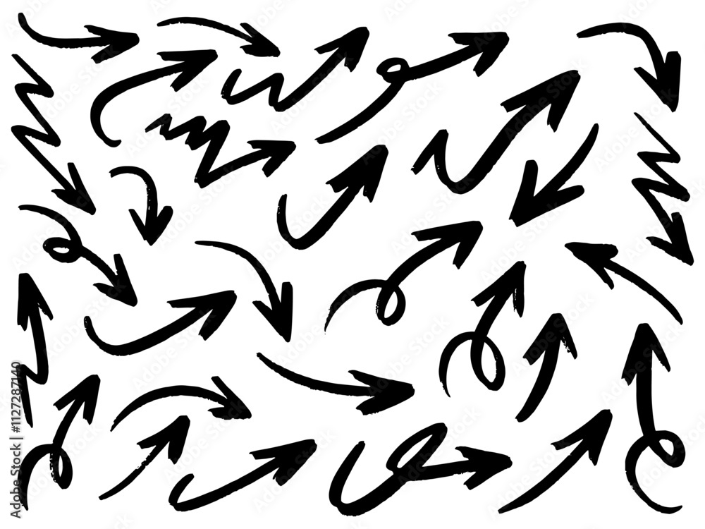 Poster Hand drawn arrows collection Set simple flat arrows isolated on white background. Arrow mark icons and arrow paint. Stock vector. EPS10.