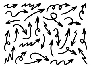 Hand drawn arrows collection Set simple flat arrows isolated on white background. Arrow mark icons and arrow paint. Stock vector. EPS10.