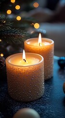Cozy Christmas Candles Burning on Festive Holiday Table