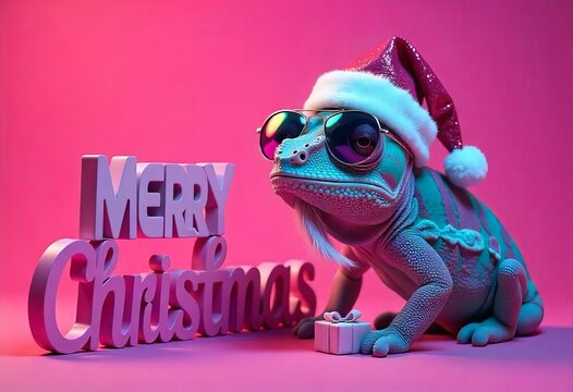 Cool chameleon wearing Santa hat with 3D text 'Merry Christmas' in bold, colorful letters on a pink background