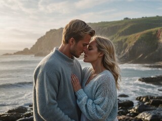 Romantic couple standing close on rocky coastline during peaceful ocean sunset